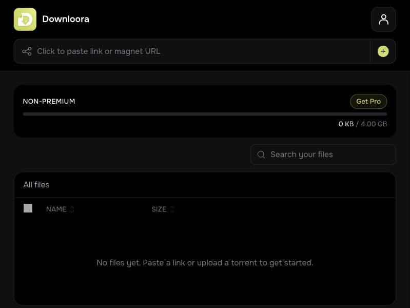 Downloora library showing the link field, storage meter, search, and file table